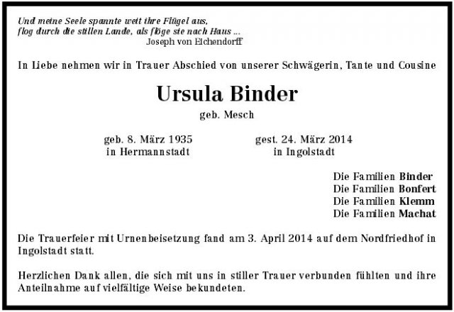 Mesch Ursula 1935-2014 Todesanzeige